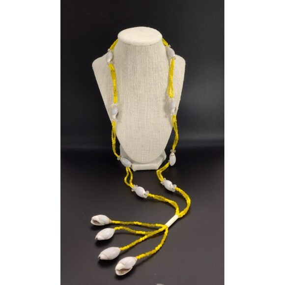 Vintage 23" Beaded Cowrie Shell Necklace Y Drop Long Tassel Yellow White Plastic - Picture 1 of 6